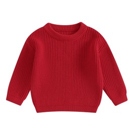 MAHUAOYIXI Baby Girls Boys Sweater Solid Color Long Sleeve Crew Neck Knit Pullover Warm Sweater Toddler Clothes Knitwear Baby Jumpers Tops Casual for Fall Winter (Red, 9-12 Months)