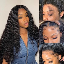 Realloves 22inch Deep Wave Lace Front Wigs 13x4 HD Transparent Lace Frontal Wigs Human Hair For Women 150% Density Deep Curly Human Hair Wig Pre Plucked with Baby Hair