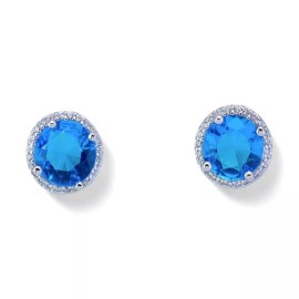Sapphire Rhodium Plated with Simulated Sapphire & Cubic Zirconia Round Cut Stud Earrings