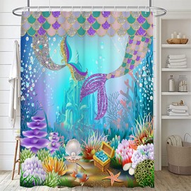 Lofaris Under The Sea Shower Curtain Ocean Underwater World Mermaid Scales Tails Curtains Coral Shell Pearl Castle Girls Waterproof Fabric Curtain for Bathroom 12 Hooks 72"x72" Shower Curtain Set