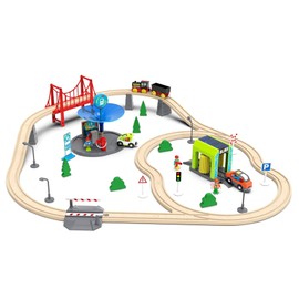 Wooden Railway Accessories Car Wash for Railway Rail, Train Toy Accessories Compatible with All Major Brands of Train Set System, Railway Rail Station for Children Aged 3 and More