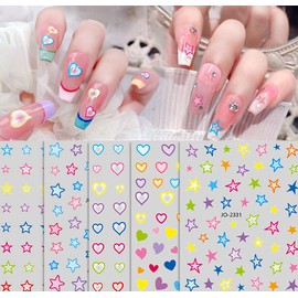 6 Sheets Colorful Stars Nail Art Stickers Decals 3D Self-Adhesive Nail Art Supplies Heart Nail Decals Holographic Stars Hearts Nail Designs Nail Foil Transfer Decals DIY Nail Art Decoration