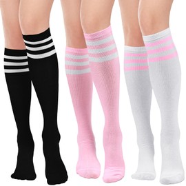 Permuly 3 Pairs Knee High Stockings,Striped Knee High Socks Womens,Athletic Long Socks for Ladies Girls Daily Wear (CA/US, Alpha, One Size, Regular, Regular, 3, Black+Pink+White)