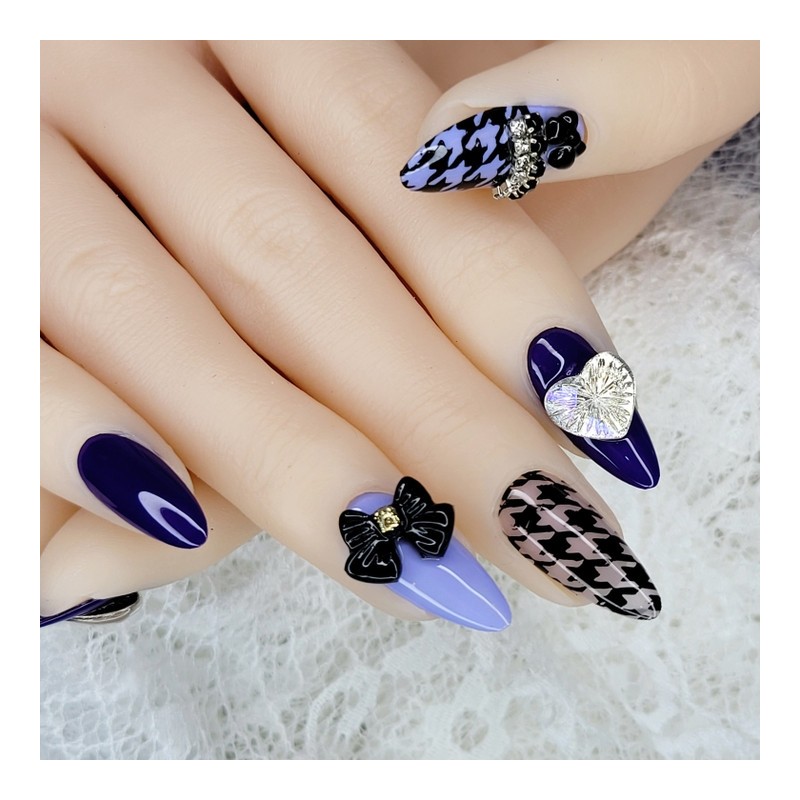 Purple Houndstooth Handmade Nail Tips - Square S / 퍼플