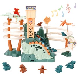 Dinosaur Chasing Race Track Game Set Double Loop Track Slide Toy Climb Stairs Toy Roller Coaster Toys with Music Educational Puzzle Playsets Gift for Toddler Kids Boys Girls Age 3+