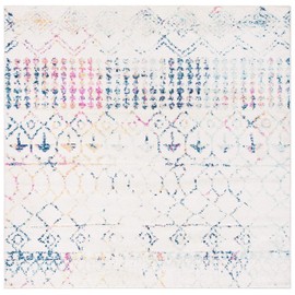 Safavieh Tulum Collection TUL229C Moroccan Boho Distressed Area Rug, 10' x 10' Square, Ivory / Blue