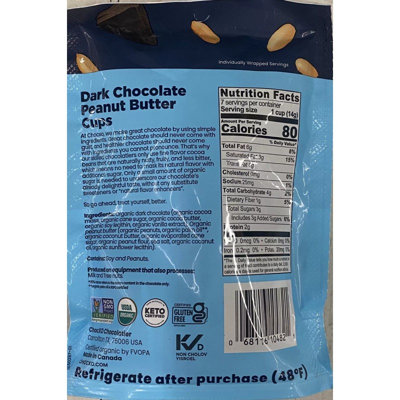 Chocxo USDA ORGANIC 70% CACAO Dark Chocolate Peanut Butter Cups