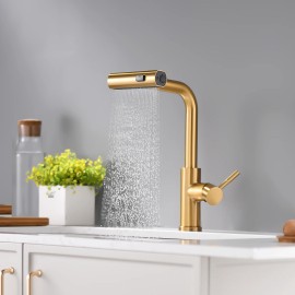 Modern Single Handle Pull Out Stainless Steel Kitchen Sink Faucet Brushed Gold Waterfall Sprayer with 3 FunctionColor: Brushed Gold, Surface Finishing: Stainless Steel