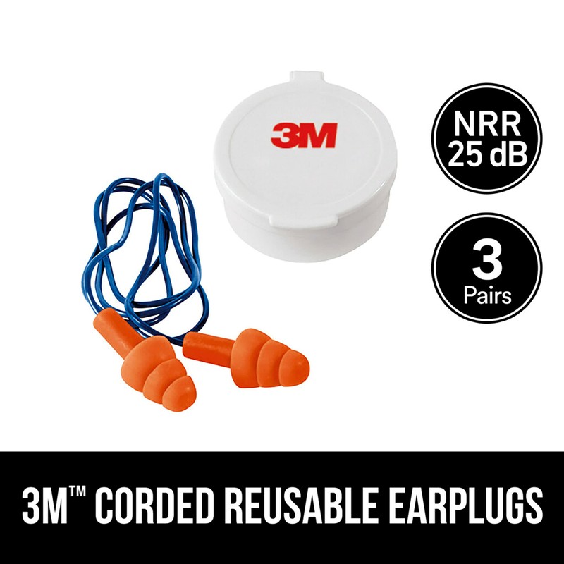 3M Corded Reusable Earplugs, 3 Pack, Noise Reduction Rating (NRR)