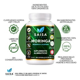 Moringa Orgánica 100% Pura | 100 Cáps | SAISA HERBAL | Suplemento Alimenticio | Energía | Bienestar | Apoyo al Sistema Inmune | Control de glucosa | F