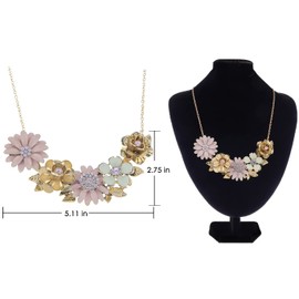 Alilang Womens Flower Rhinestones Pearl Statement Bib Golden Tone Necklace with Gray Yellow Enamel, Light Pink