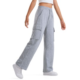BOOPH Girls Sweatpants Kids Drawstring Cargo Pants Teen Girls Wide Leg Joggers Pants with Pockets 12-13 Years Gray