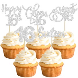 Paquete de 30 adornos para magdalenas de 16 cumpleaños con purpurina de dieciocho vítores a 16 años de edad, cumpleaños, para decoración de pasteles de feliz cumpleaños 16 aniversario, fiesta de