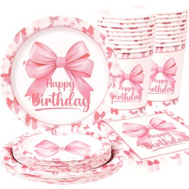 OTTPOOM 100 Pcs Pink Bow Birthday Decorations Coquette Birthday Party Decorations Bow Themed Paper Plates Napkins Cups Party Tableware Supplies Pink Bow Birthday Party Decor, Serves 25
