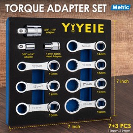 YIYEIE 10PCS Torque Adapter Set Metric, 10, 12, 13, 14, 15, 17, 19mm Torque Wrech Extension Adapter, 12 Point Box End Torque Wrench Adapter 3/8" Drive, with 1/2'' and 1/4'' Adapters, EVA Foam