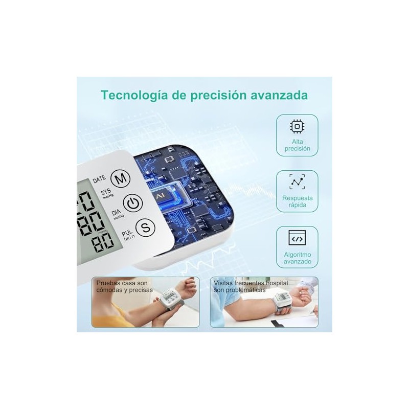 Monitor de Presión Arterial Digital para Muñeca, Pantalla LCD Grande,