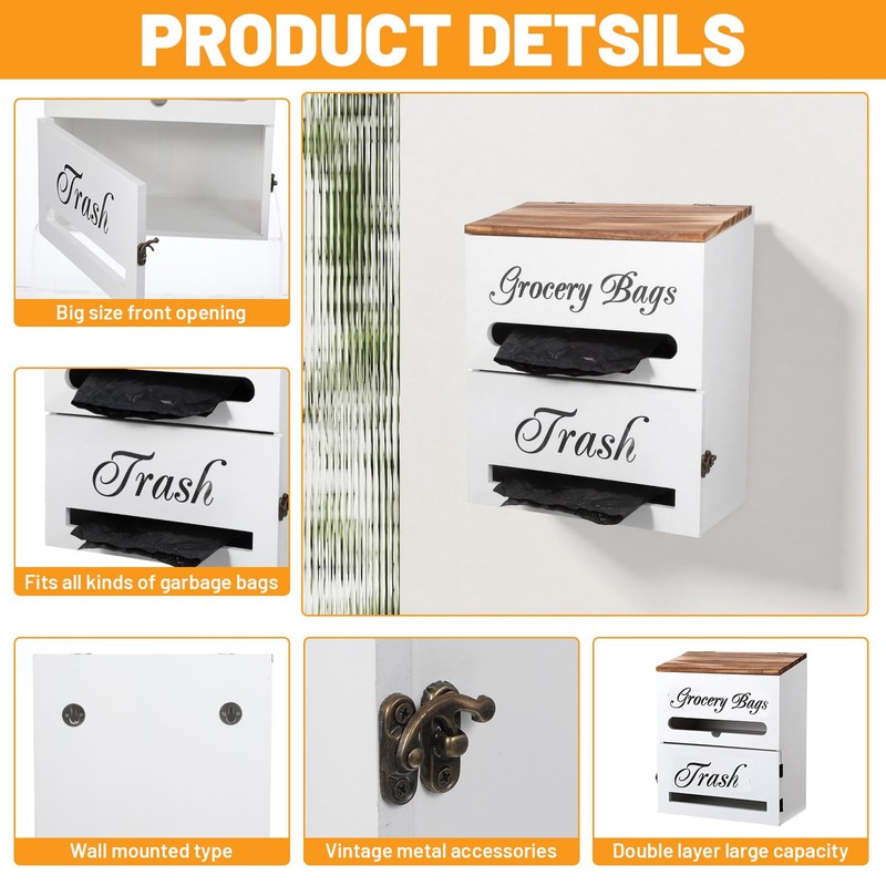 2 in 1 Trash Bag Dispenser,White Wood Trash Bags Holder