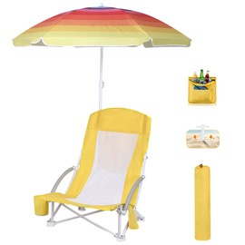 WGOS Beach Chair, Beach Chair with Umbrella, Beach Chair for Adults Camping Chair High Back with Umbrella and Cooler, Portable & Lightweight for Beach, Outdoor, Camping (Set of 1 Yellow)