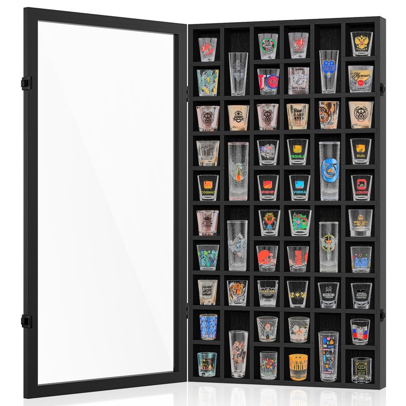 Shot Glass Display Case, 52 Slots Lockable Wall Mounted Shadow