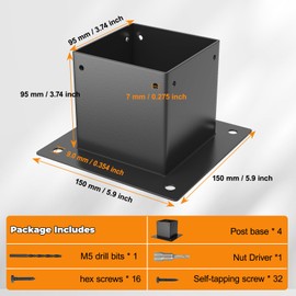 FUCNEN 4 x 4 Post Base 4 Pcs Square Brackets Kit Inner Size 3.6"X3.6" Deck Post Base Flange Standard Wood Post Stainless Steel Anchor Base for Porch Deck Handrail Fence Gate Railing Pergola Support