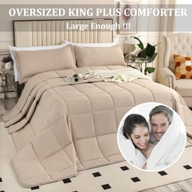 SOULOOOE Oversized California King Comforter Set 120x120, Extra Large King Size Quilts 3 Pieces Lightweight Reversible Down Alternative Comforter for All Season with 8 Corner Tabs Beige