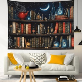 LB Fantasy Bookshelf Tapestry, Horror Spider and Vintage Book with Moon Wall Tapestry for Bedroom Aesthetic, Trippy Galaxy Wall Art for Living Room Dorm Home Decor Ready to Hanging, 60 x 40 Inches