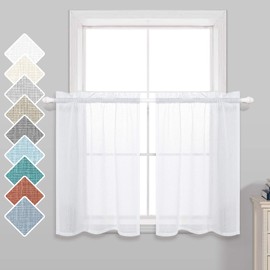KOUFALL Kitchen Tier Curtains 30 Inches Long 2 Panels Rod Pocket Cafe Curtains Light Filtering Faux Linen Short Semi Sheer Curtains for Bathroom Small Curtain Window Treatment 30x30 Inch Length White