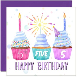 5th Birthday Card for Women Cute Cupcake Birthday Card for 5 Year old Girl Kids Daughter five, fifth Granddaughter Niece cousin Sister