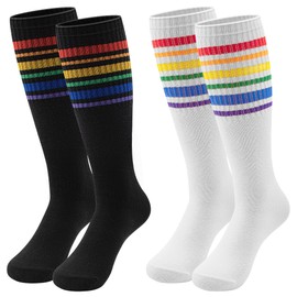 SPTRAMLE Girls Socks, 2 Pairs Girls Knee High Socks Rainbow Colorful Striped Thigh Highs Socks for Girls Kids Aged 8-12