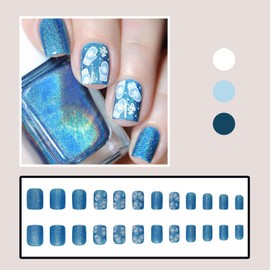 RIICFDD Christmas Press on Nails Short Square Fake Nails Blue Gloves Glue on Nails Artificial Glossy Acrylic Nails Full Cover Glitter Stick on Nails for Women Girls Christmas Nails 24 Pcs