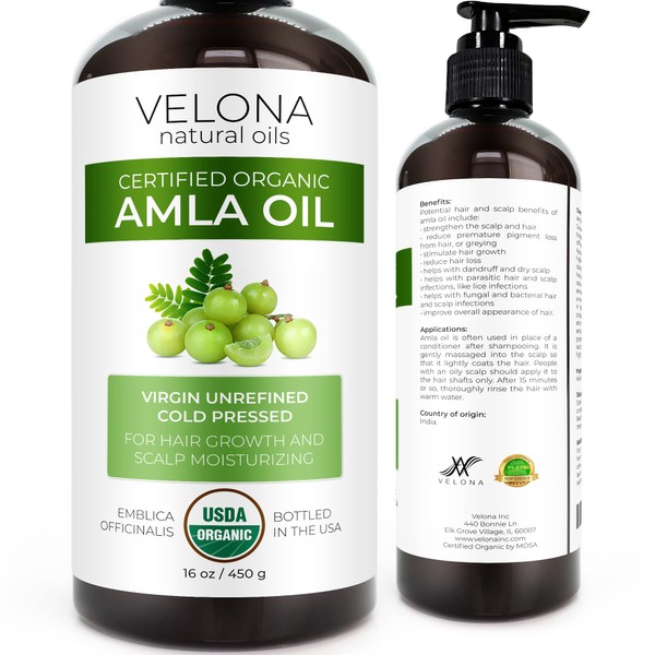 velona Amla Oil USDA Certified Organic - 16 oz | 100% Pure and Natural Carrier Oil | Extra Virgin, Unrefined, Cold Pressed | Hair Growth, Body, Face & Skin Care | Use Today - Enjoy Results