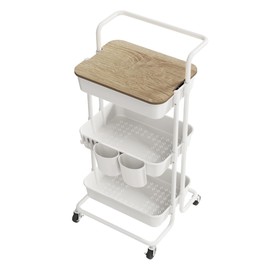 DTK 3 Tier Rolling Cart Uility Cart with Cover Board, Mobile Storage Cart Trolley with Wheels, Cups, Hooks for Office Kitchen Bathroom Homeschool Art Craft Postpartum Teacher Cart Organizer(White)