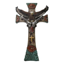 Ebros Gift Rustic Western Turquoise Floral Blooms Bald Eagle and Dual Pistols Cowboy Faux Wooden Wall Cross Decor Plaque Inspirational Accent Figurine