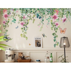 RAINBOW WSK Green Plants Flower Wall Decals Hanging Flower Vine Butterfly Wall Stickers Large Tree Removable Wallpaper Peel and Stick Watercolor Nature Wall Decor for Bedroom Living Room fun-c20