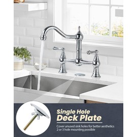WOWOW Chrome 2 Handle Bridge Kitchen Faucet, 8 inch Centerset, Solid Brass Construction, Antique Brass Finish, Easy Installation, 90-Day Limited Return