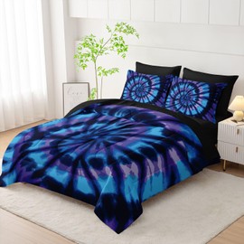 Smell Sunshine 7pcs Tie Dye Comforter Set Blue Spiral Printed Bedding Set with 1 Comforter, 1 Flat Sheet, 1 Fitted Sheet and 4 Pillowcases for Boys and Girls Bedroom (Spiral Twin