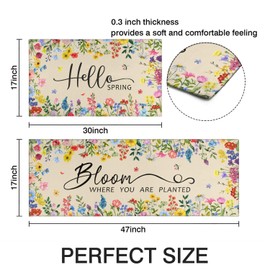 Spring Kitchen Rugs Set of 2, Floral Kitchen Mats Non-slip Washable, Spring Flower Kitchen Decoration Non-slip Washable Floor Mats for Spring and Summer Kitchen Sink Laundry Room, 17x30+17x47Inch