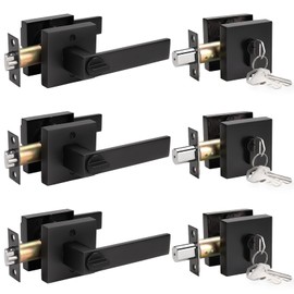 KNOBWELL 3 Pack Keyed Alike Heavy Duty Exterior Keyed Entrance Handleset with Double Keyed Square Deadbolt and Door Lever Lock Set, Matte Black Finish, All Same Keys