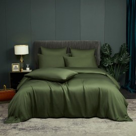 Luofanfei Bamboo Bed Linen 135 x 200 cm Olive Green Summer Cooling Plain Bamboo Fibres Lyocell Shiny Bed Linen Set Breathable Bamboo Two-Piece Duvet Cover 135 200 cm Single Bed with Zip