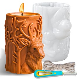 Christmas Candle Molds Carved Elk Candle Silicone Mold for Cylinder Embossed Reindeer Candle Making Supplies DIY Xmas Art Craft Gifts Home Decor Pillar Wax Mould with Tools Resin Soap Plaster Moulds