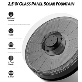 Yzert Glass Panel Solar Fountain with 2200 Mah Battery, 3.5W Floating Water Fountain with 4 Fixed Rods, Solar Pump for Bird Bath, Garden, Pond, Pool, Outdoor - White Lights