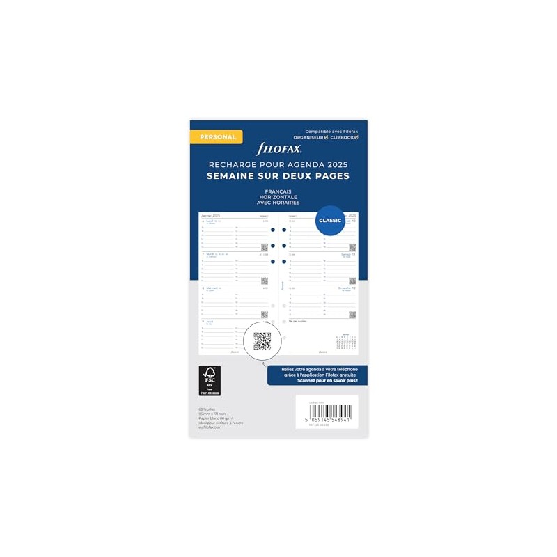 Filofax Personal 1 Week on 2 Pages Horiz.Lined French 2025