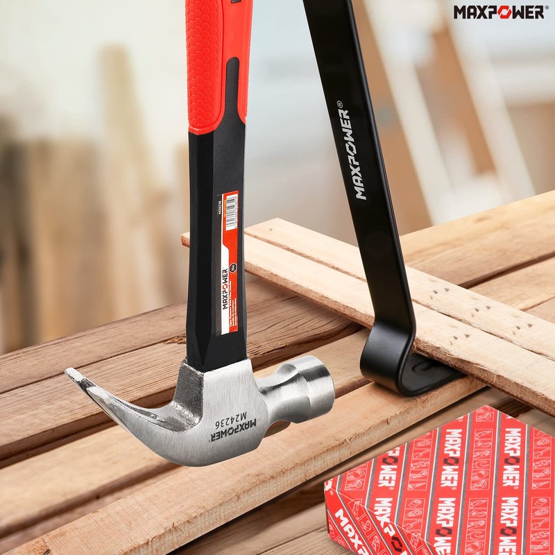 MAXPOWER 20oz Claw Hammer and 15-Inch Flat Pry Bar Set
