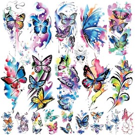 79 Sheets Watercolour Butterfly Temporary Tattoos Set, 15 Large and 64 Small Colourful Fake Tattoos Stickers for Women Girls 3D Realistic Sexy Tattoo for Sticking Carnival