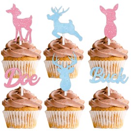 Glitter Deer Cupcake Topper Doe or Buck Gender Reveal Theme Decor Supplies Boys Girls Happy Birthday Party Decorations set 18pcs