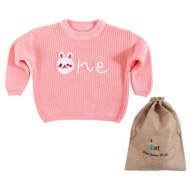 1st First Birthday Outfit Girl Boy One Sweater Cotton Embroidery Knit Pullover Fall Winter Clothes with Baby Gift Bag, Pink Rabbit, 12 Months
