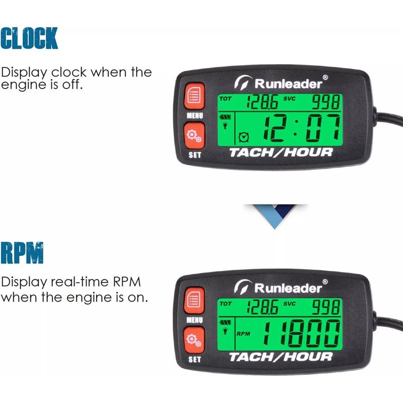 Runleader Digital Tach Hour Meter Self Powered Maintenance RPM Alert