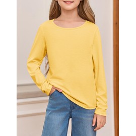 Haloumoning Girls Long Sleeve T Shirts Casual Crewneck Comfy Cute Basic Tee Tops for Kids 5-14 Years Yellow