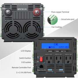 Edecoa 2000W 24V Power Inverter DC 24V to 110V AC Power Converter LCD and Remote Controller 4.2A Dual USB Ports