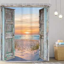 Riyidecor Beach Shower Curtain 72Wx72H Inch Ocean Barn Door Seaside Sea Beachy Coastal Hawaiian Nautical Sunset Landscape Nature Farmhouse Bathroom Decor Fabric Polyester Waterproof 12 Pack Hooks
